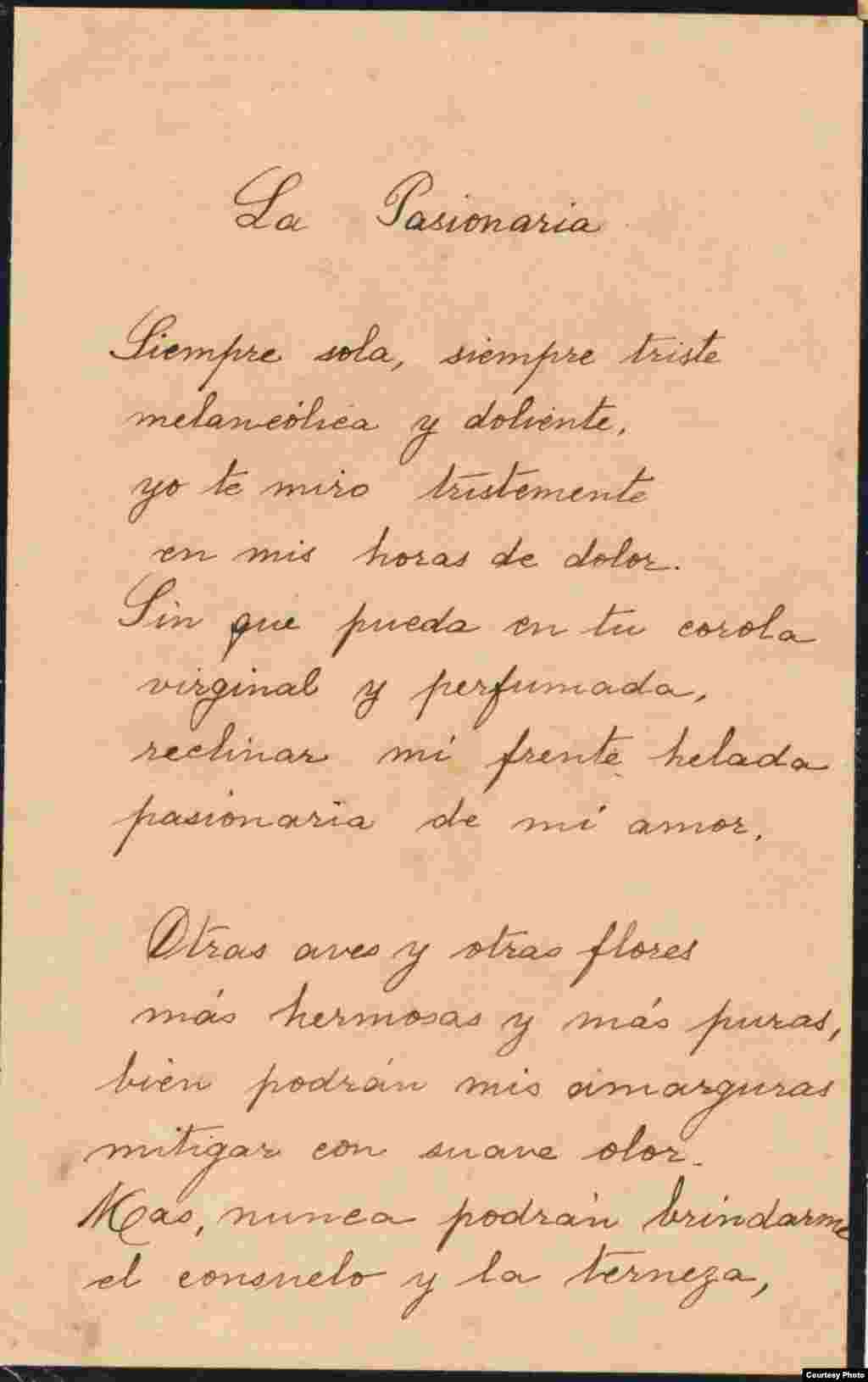 Manuscrito de poema de Mendive (Primera página). Cortesía de Orlando González Esteva
