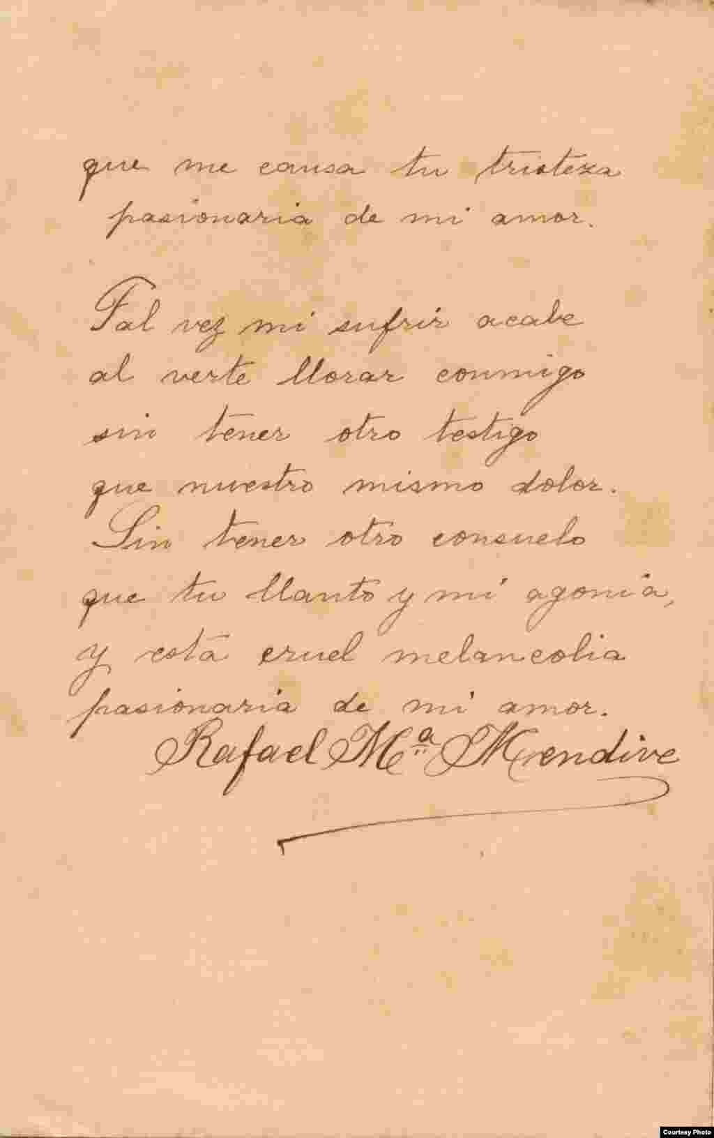 Manuscrito de poema de Mendive (segunda página). Cortesía de Orlando González Esteva